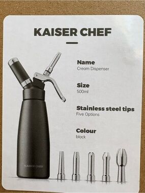 Kaiser Chef 500ml Black Cream Dispenser with Stainless Steel Tips